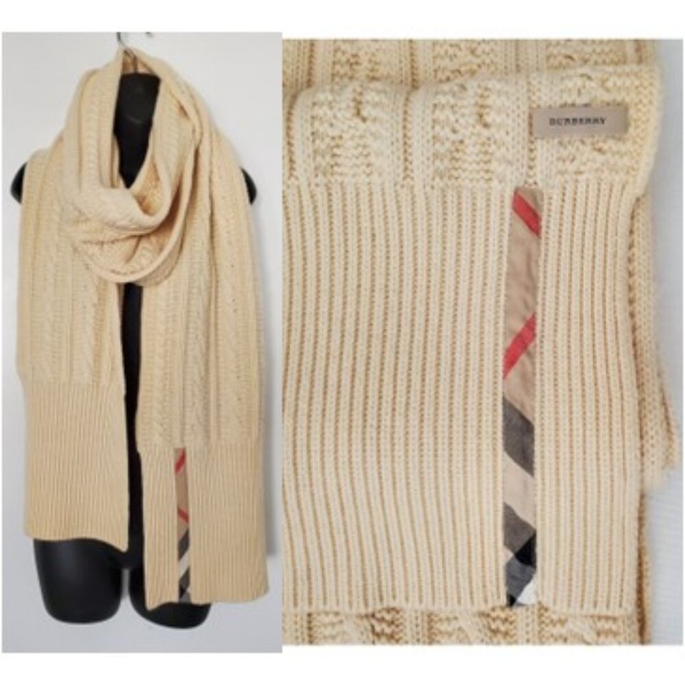 Burberry EUC Oversized Wool Cashmere Blend Cable Knit Scarf 86" Nova Check Cream